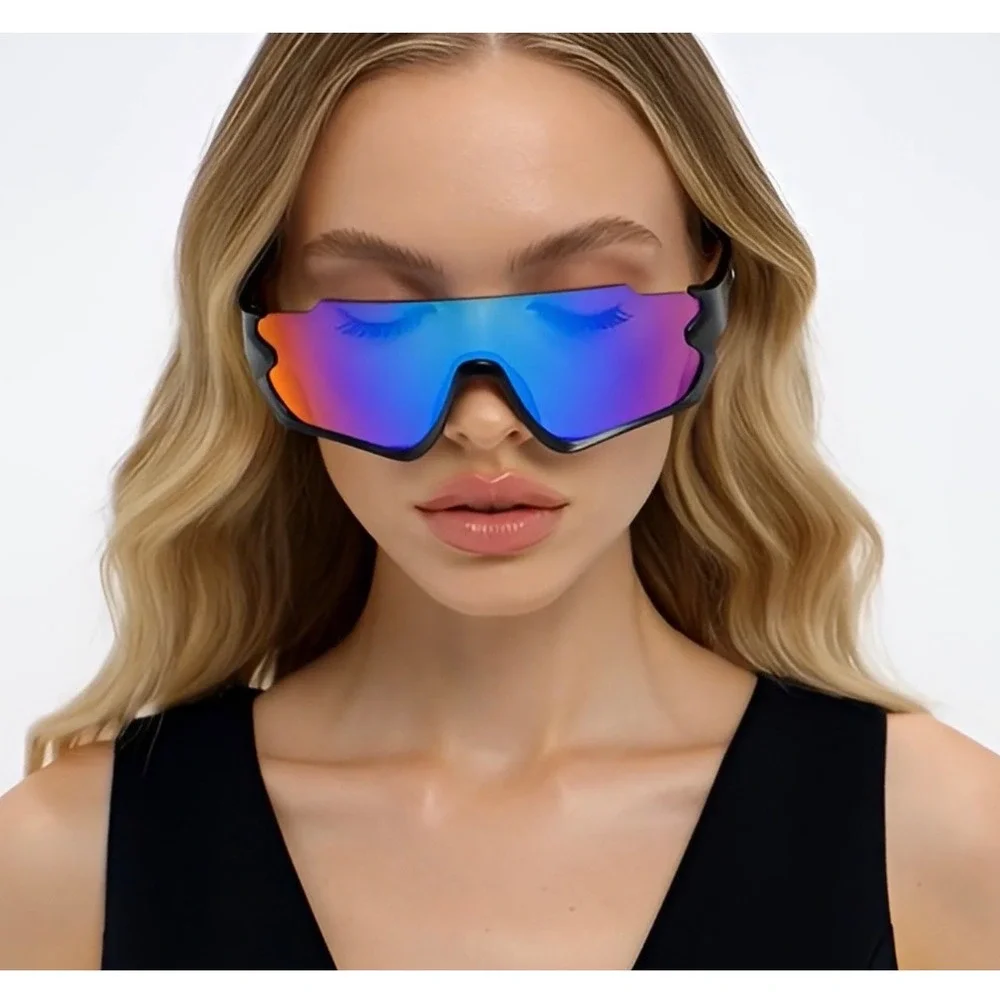 Black Shield Sunglasses Iridescent Blue Mirror Lens UV400 Sport Women Shades New